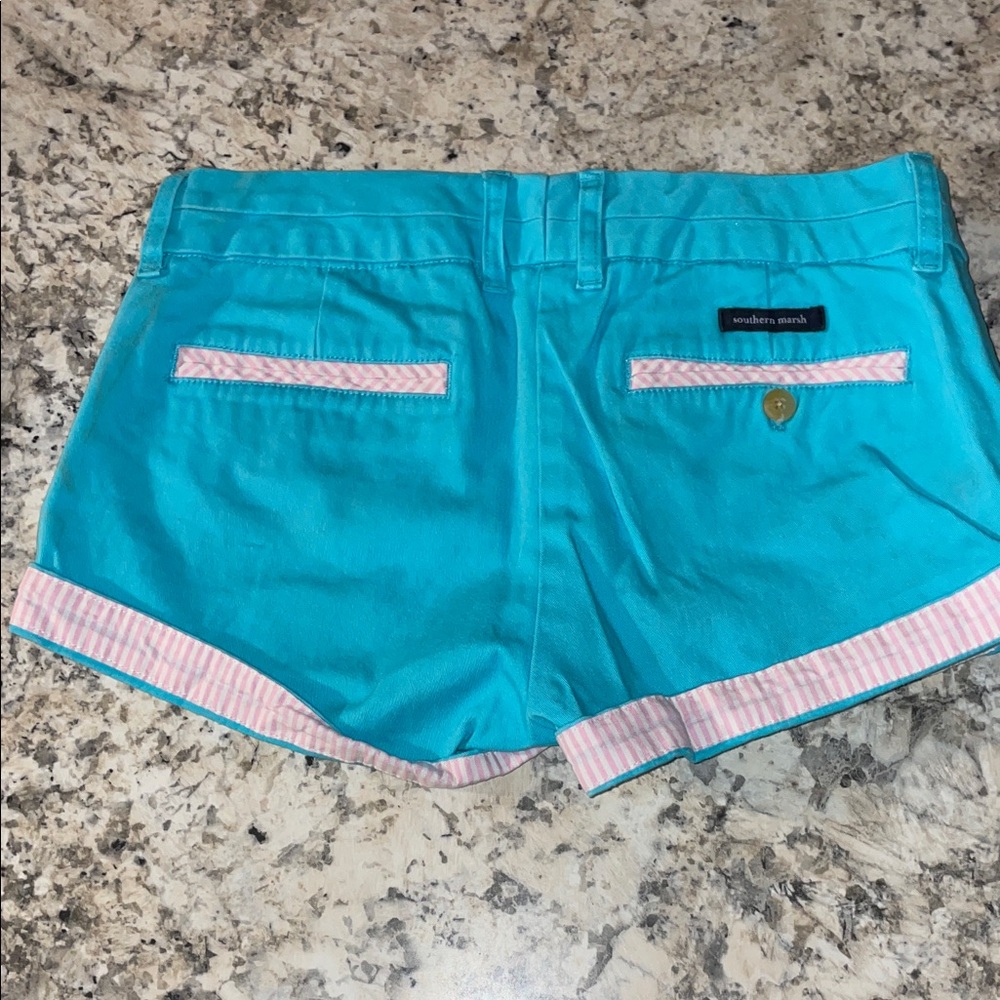 Southern Marsh Aqua Shorts with Pink Accents